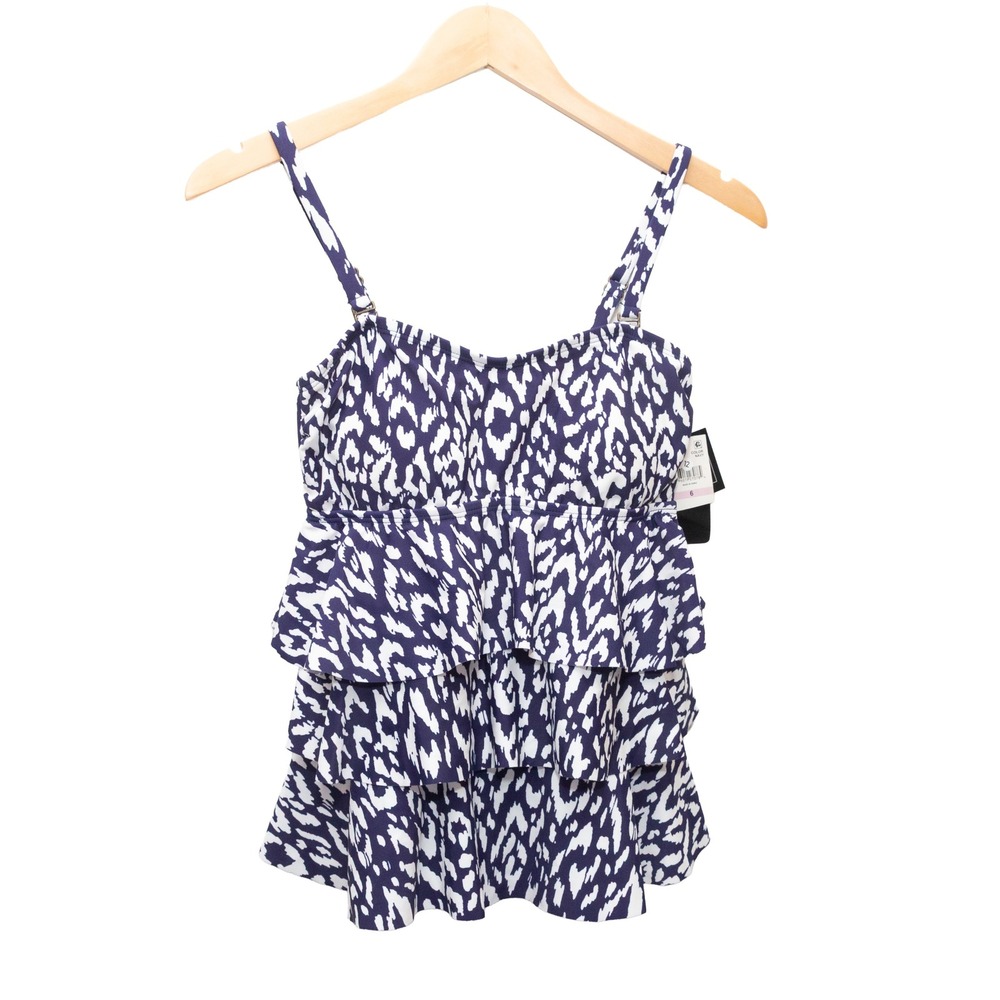 Island Escape Tankini Swim Top Womens 6 Navy White NWT Ruffle Waist Minimizer - Picture 1 of 8